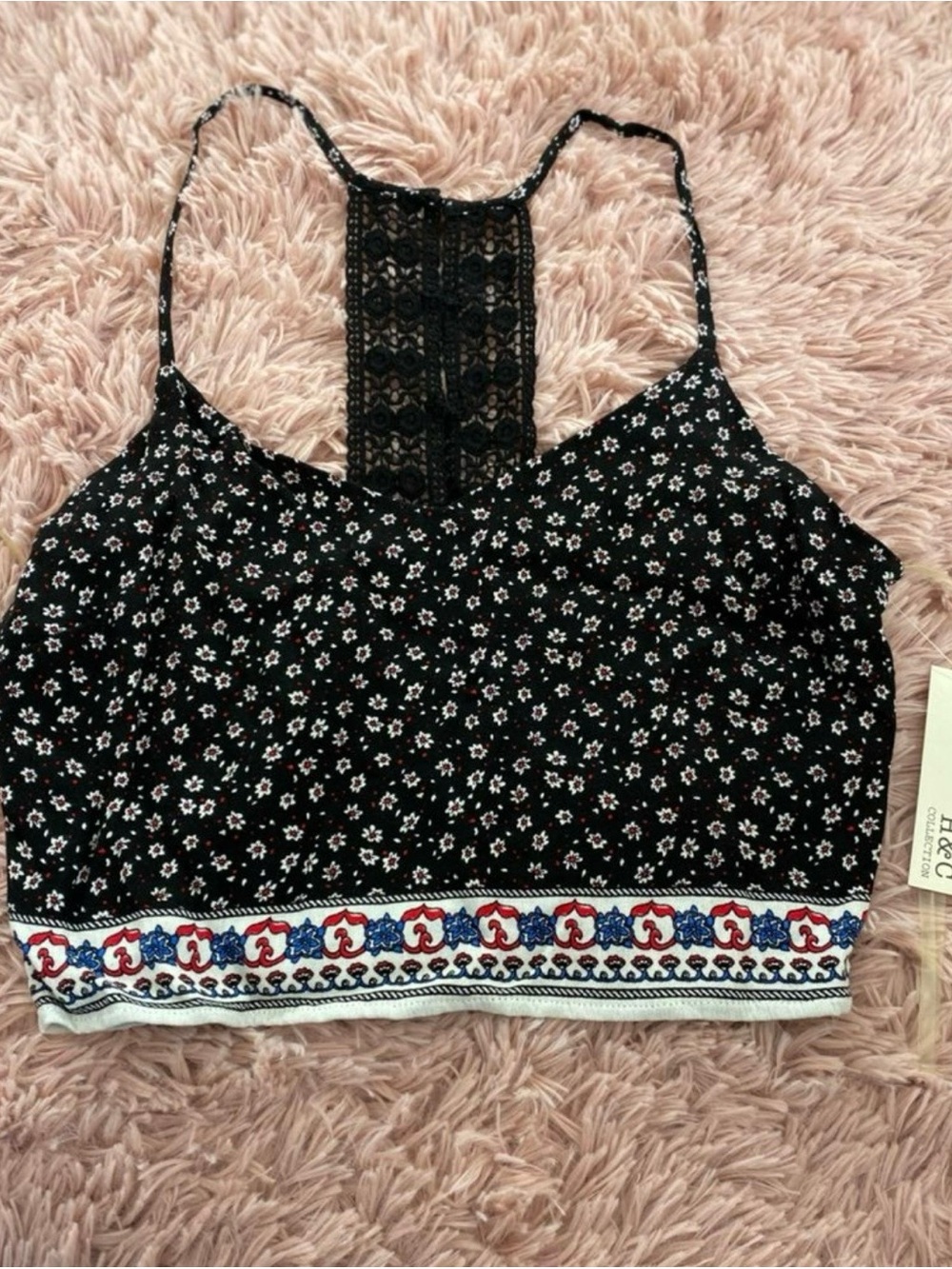 Black Floral Lace-Back Cropped Tank Top with Embroidered Hem